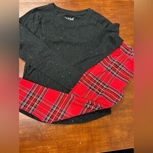 Girl’s 6X two-piece festive outfit black sparkly shirt and red plaid pants